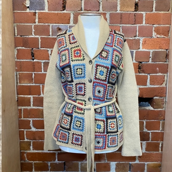 Ralph Lauren Sweaters - RARE Women's RALPH LAUREN Hand Knit Patchwork Crochet Lambs Wool Cardigan L Belt
